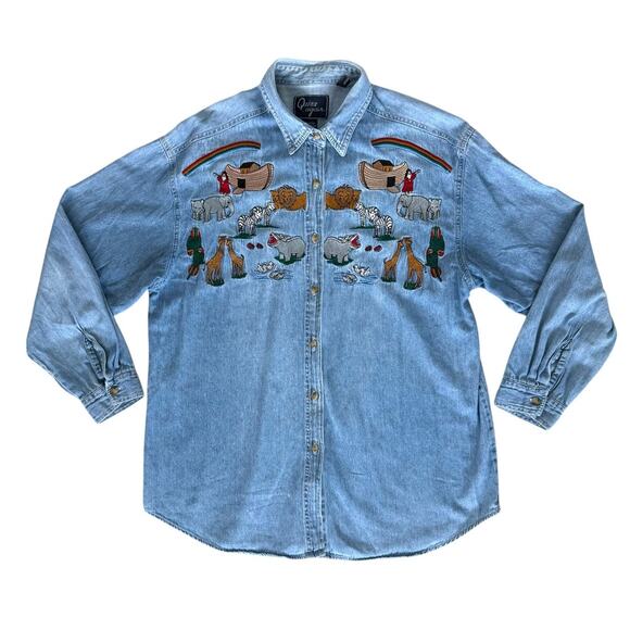 Vintage Embroidered Denim Button Front Shirt Cotton Noahs Ark Womens Size Large - Picture 1 of 9